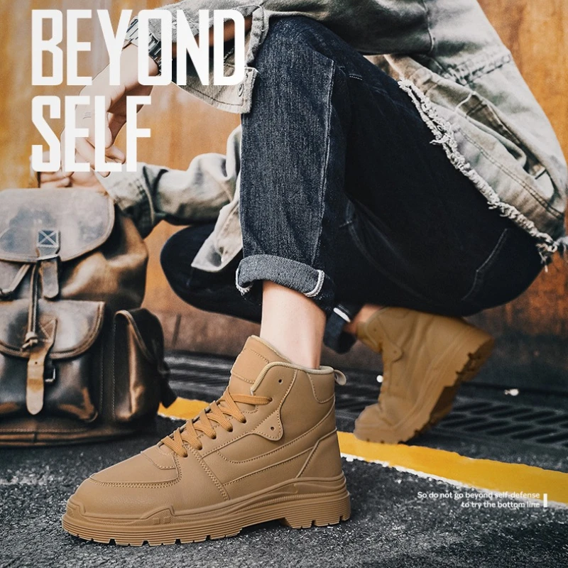 

Men's High-top Waterproof Boots with Flat Laces Round Toe Solid-color Leather Surface Durable Slip-resistant Outdoor Work Boots