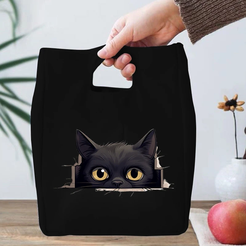 Portable Lunch Bag Cartoon Black Cat Pattern Food Thermal Box Canvas Handbags Women Kids Outdoor Insulated Food Bento Lunch Bags