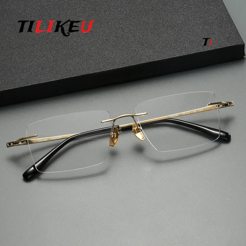 New Men's Business Frameless Eyeglasses Ultralight Pure Titanium Square Prescription Reading Rimless Glasses Frame No Fade Color