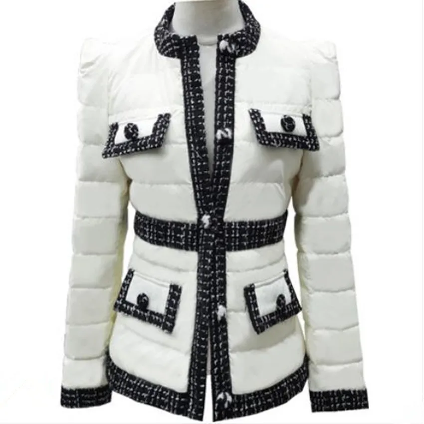 winter stitching white down jacket women o-neck medium length light outwear