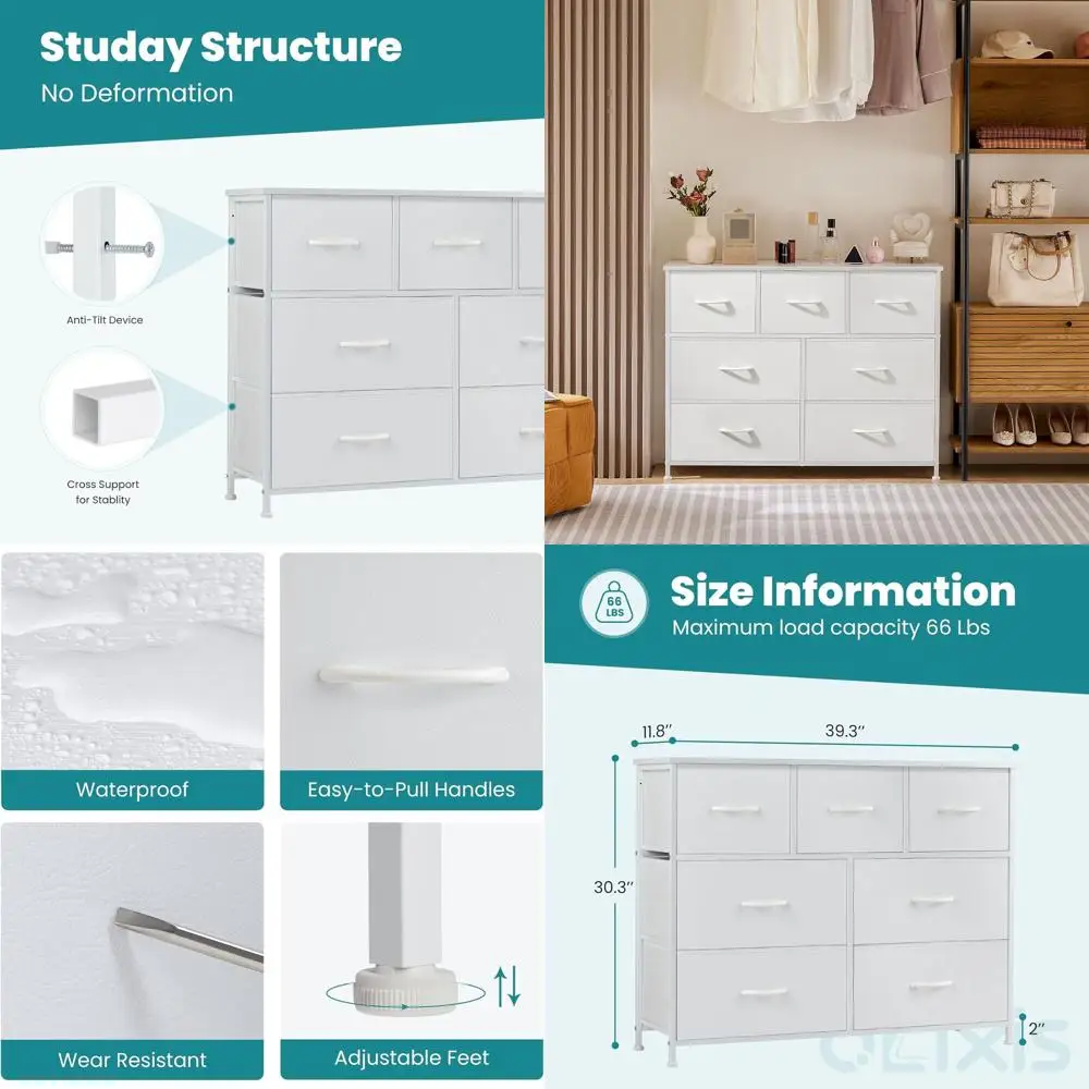 7 Drawer Storage Unit with Wide Fabric Closet, Chests, Organizer Tower, TV Stand, and Classic White Finish for Bedroom, Living R
