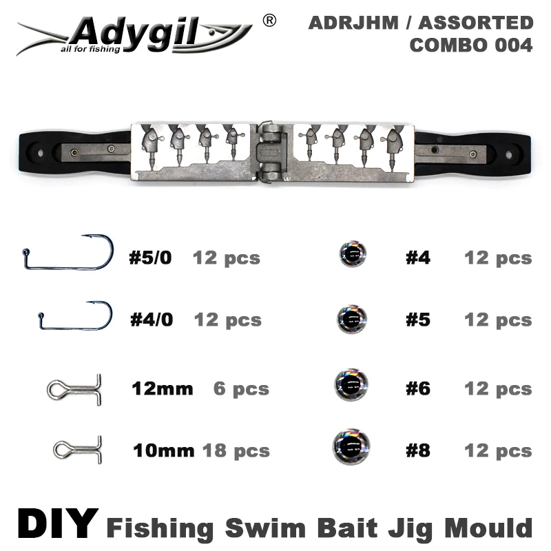 

Adygil DIY Fishing 97 pcs Swim Bait Jig Head Mould ADRJHM/ASSORTED COMBO 4 Cavities 1/4oz 1/2oz 3/4oz 1oz