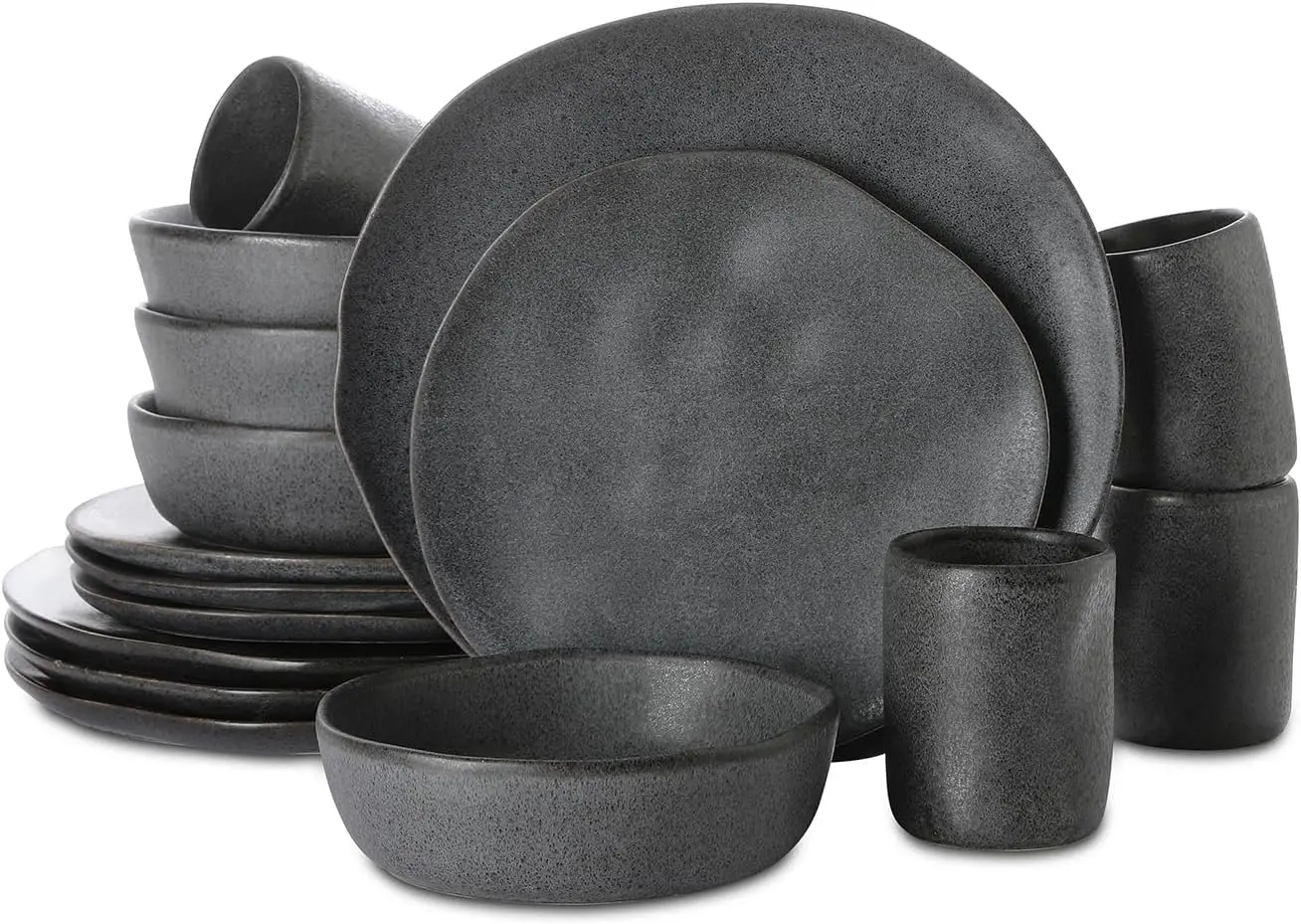 Stone by Mercer Project HEKONDA Modern Debossed Stoneware 16-Piece Dinnerware Set,Plate and Bowl Set, Dish Set for 4, Gray