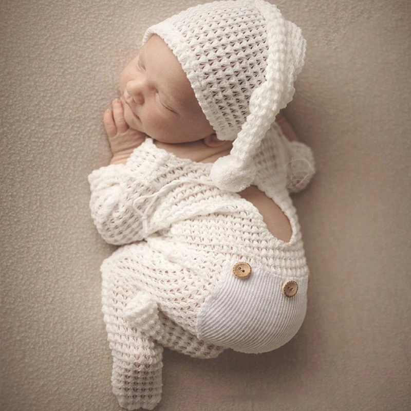 Nouveau 2 pièces accessoires photographie nouveau-né tenue au Crochet bébé barboteuse chapeaux nourrissons Photo