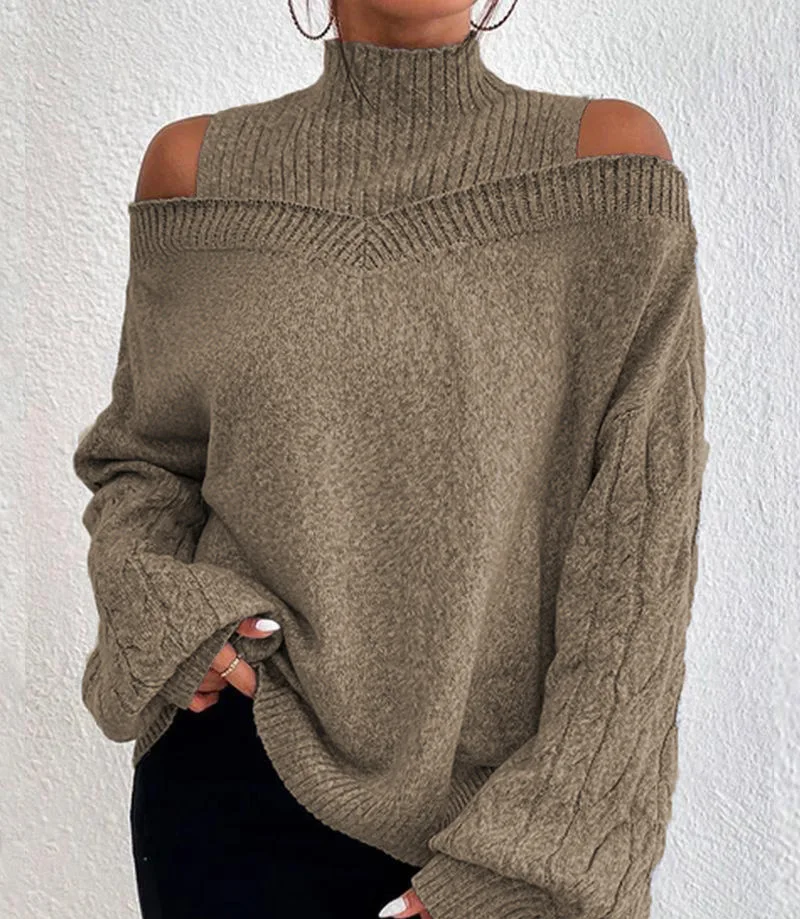 Vêtements d'hiver femme couleur unie à la mode pull à épaules dénudées manches longues demi col roulé tricoté manches longues pulls