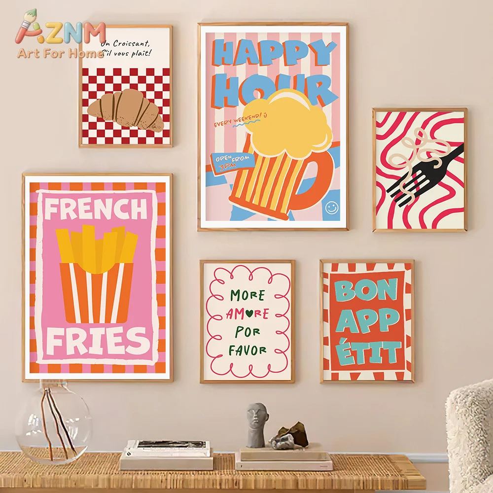 AZNM Colorful Retro Food Quote Canvas Wall Art Print, Croissant Beer Pasta French Fries Striped Checkerboard Cute Kitchen Dining