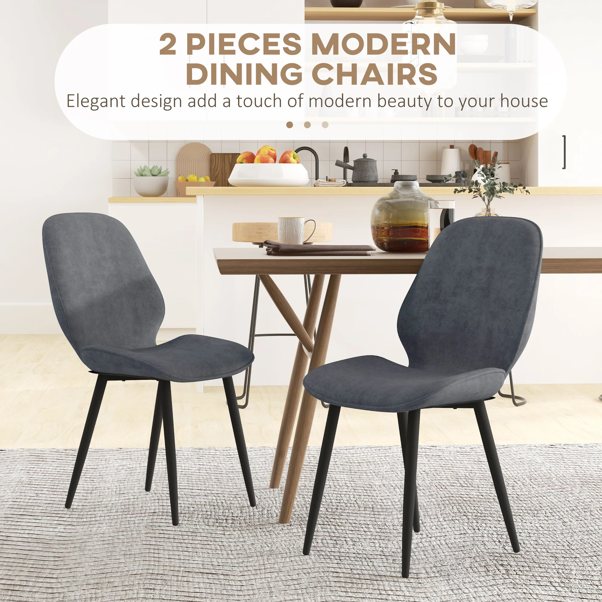 HOMCOM Dining Chairs Set of 2 Upholstered Kitchen Chairs w/ Metal Legs Grey