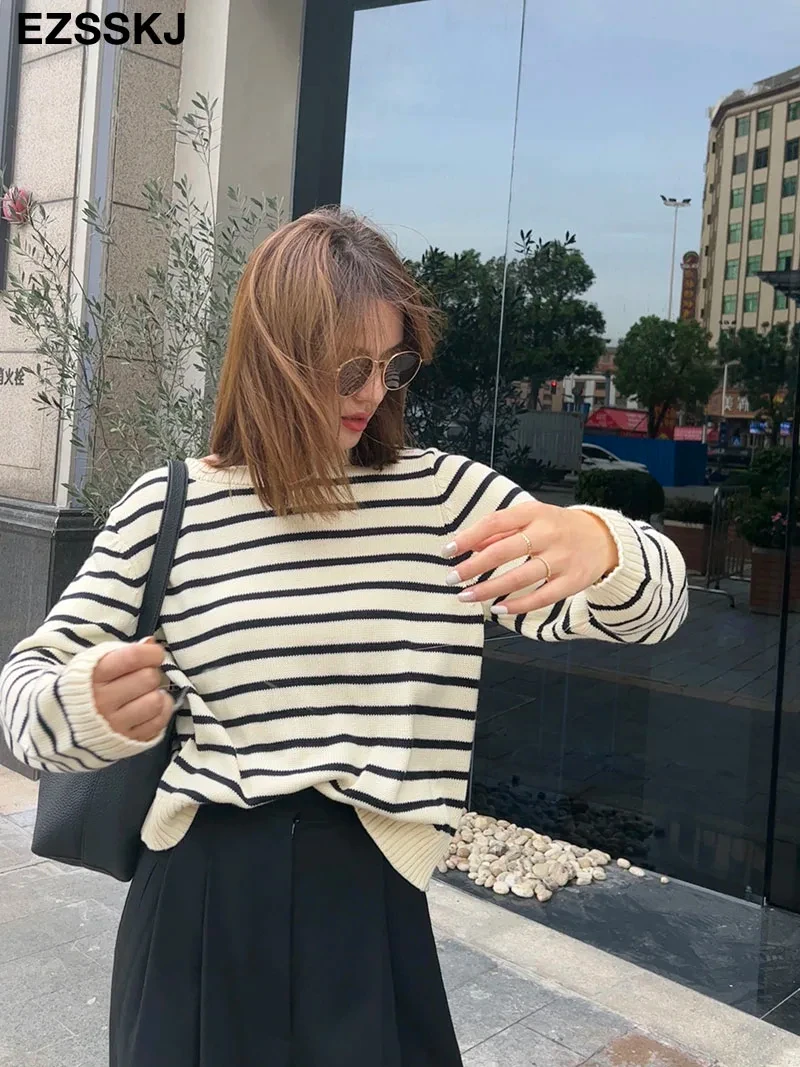 o-neck Black white stripe Loose Long sleeve sweaters 2022 women\'s sweater  female cotton chic female loose women\'s jumper pull