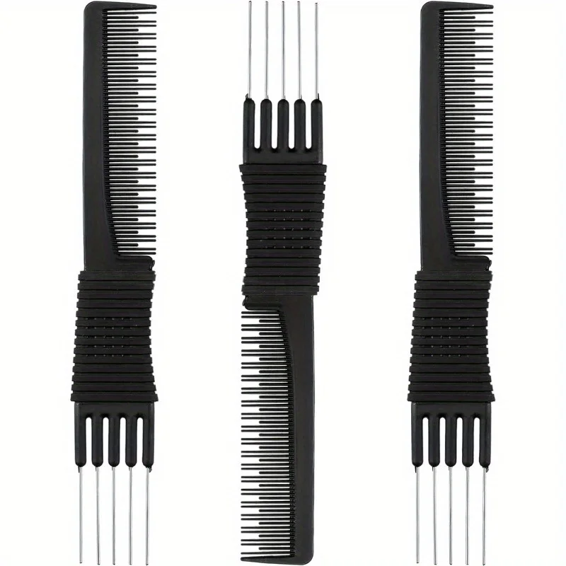 Carbon Lift Teasing Combs with Metal Prong Hair Pick Comb for Women Hair Styling Black