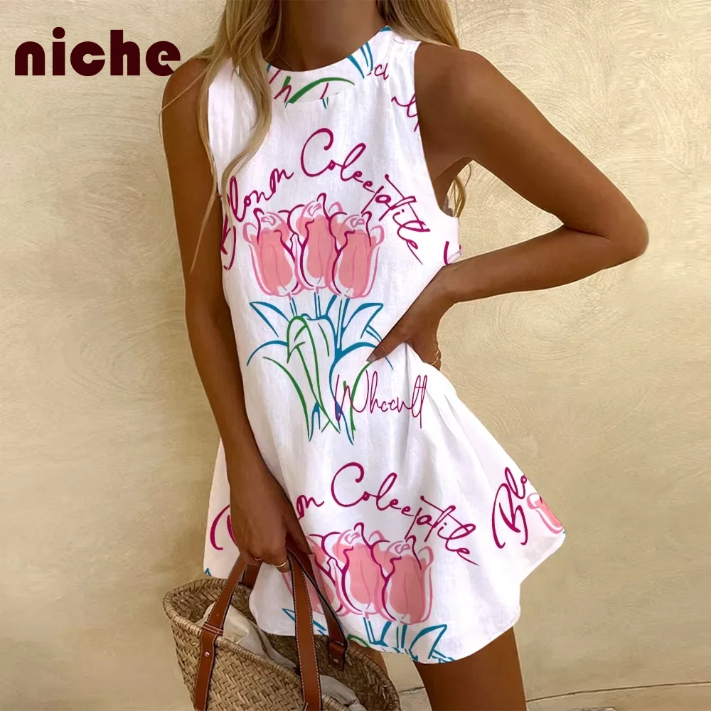 

Sleeveless Dress for Ladies, Hand-Painted, Y2k Style, Lines, Tulip Flower, Graphic Printing, High Quality, Cotton Trend, New