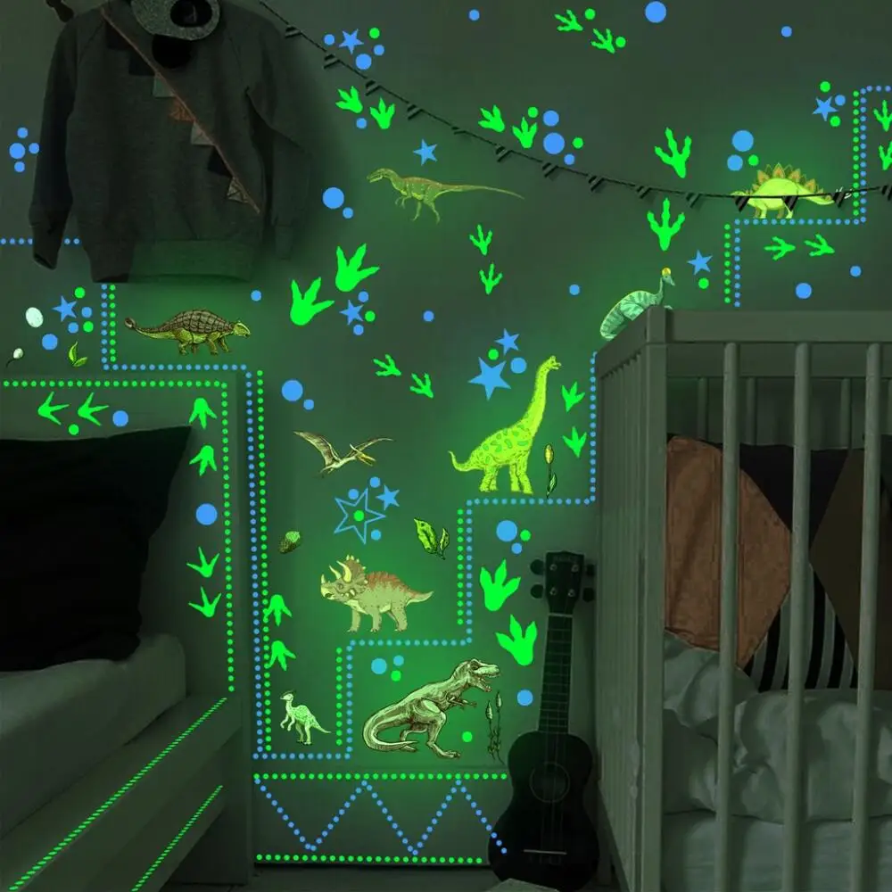 3 Sheets Glow in the Dark Dinosaur Stars Wall Stickers, Self-Adhesive Luminous Removable Wall Decals Design, For Kids Room