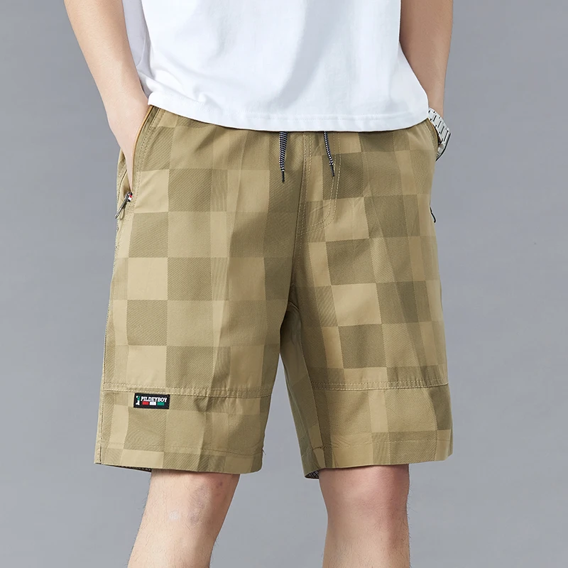 Calções de elástico de cintura alta masculino, moletom com cordão, cordão, xadrez, zíper, casual, reto, bolsos, verão