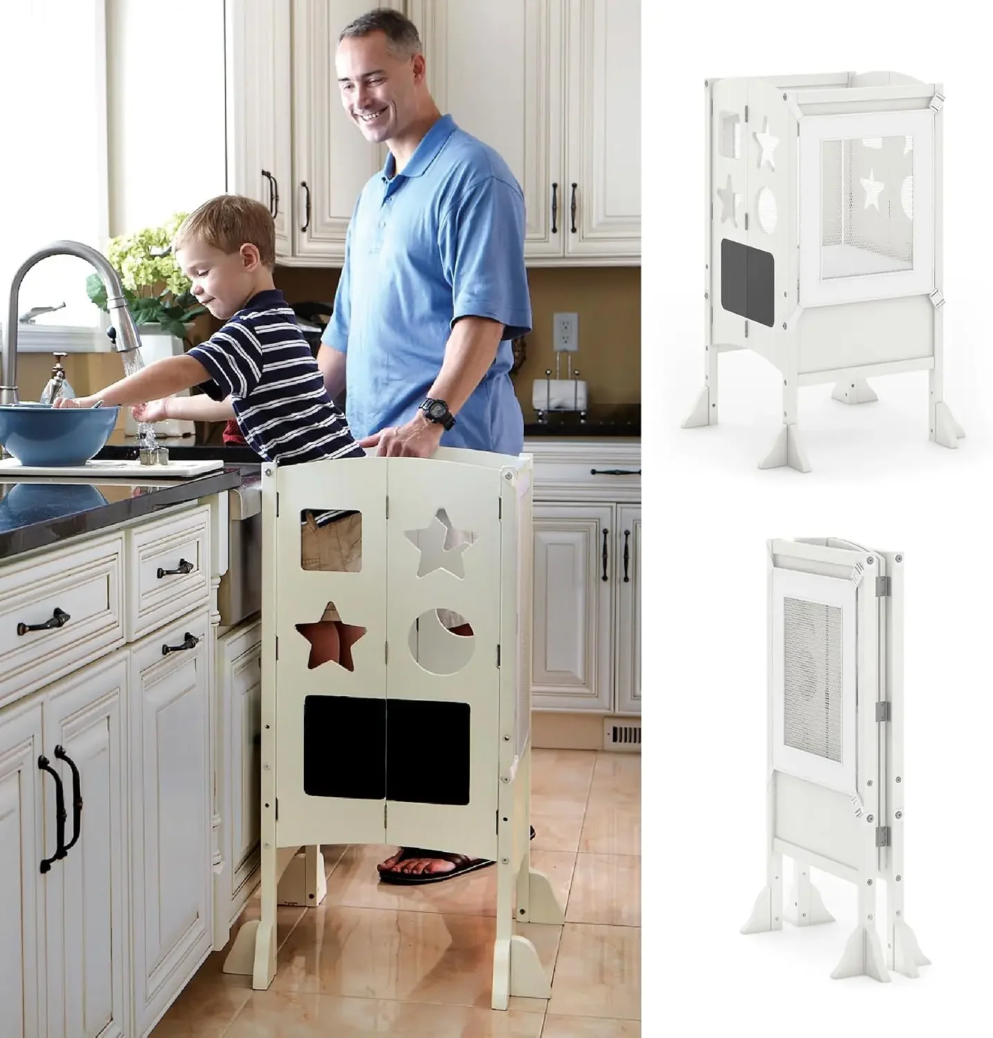 Classic Kitchen Helper® Stool - Ivory: Foldable Toddler Tower with Adjustable Height Platform | Premium Learning Montessori Coll