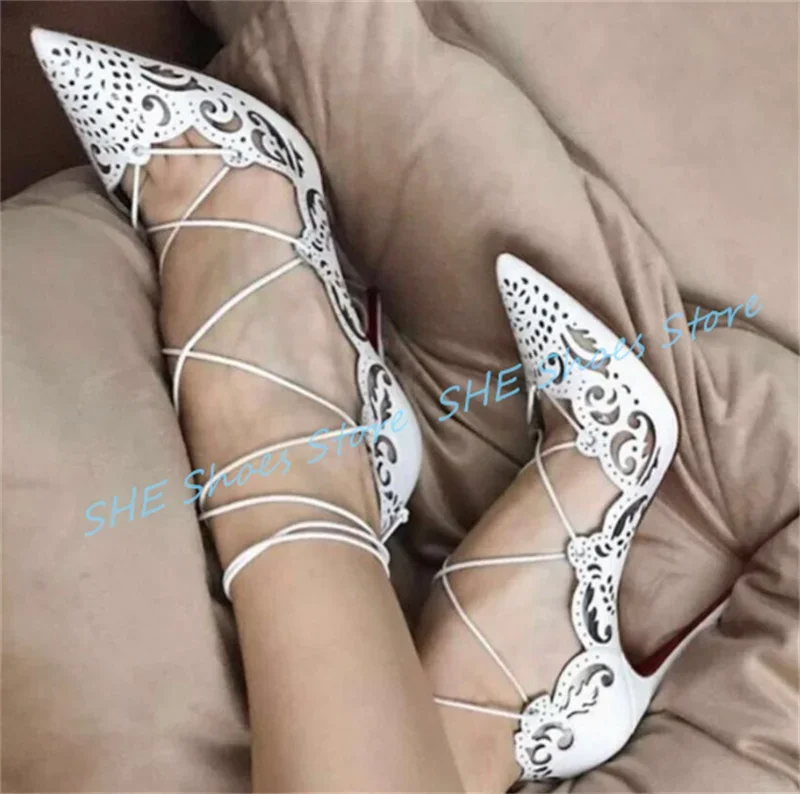 

Fashion Hollow-Out Patterns Shallow Lace-Up Women Pumps Pointed Toe High Heel Summer Breathable Sandals Ladies Gladiator Shoes