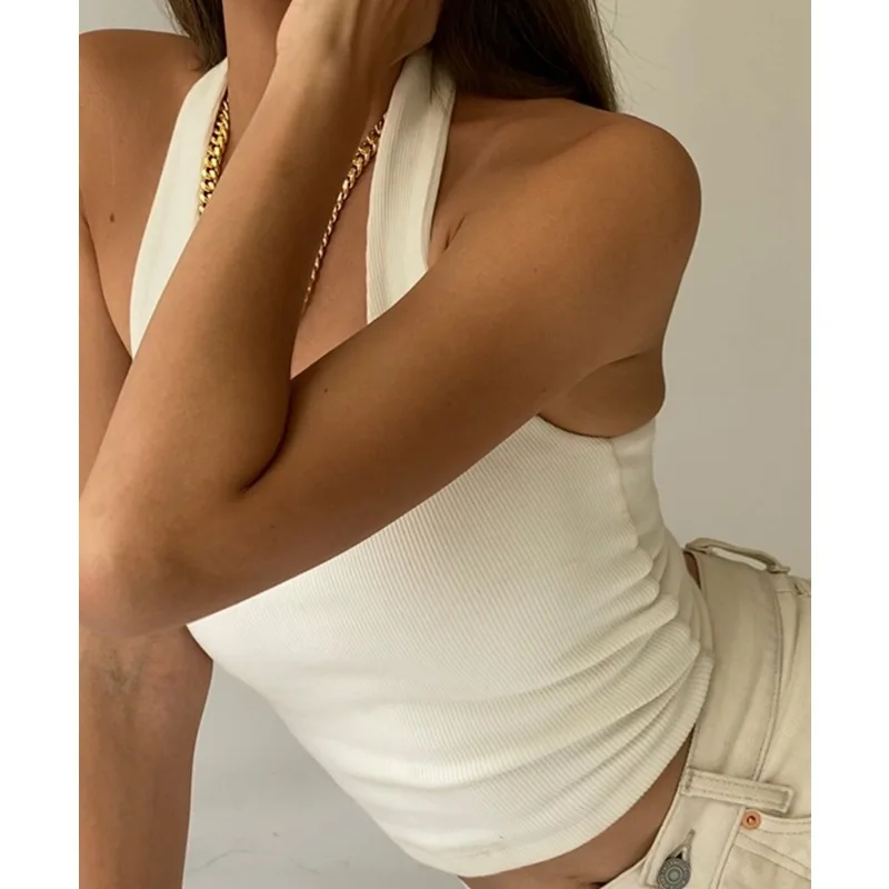 Weißes Neckholder-Tanktop, sexy, rückenfrei, für Damen, Streetwear, 2023, ärmellos, geripptes Strickweste-Top, abgeschnitten, feminino – Detail 5