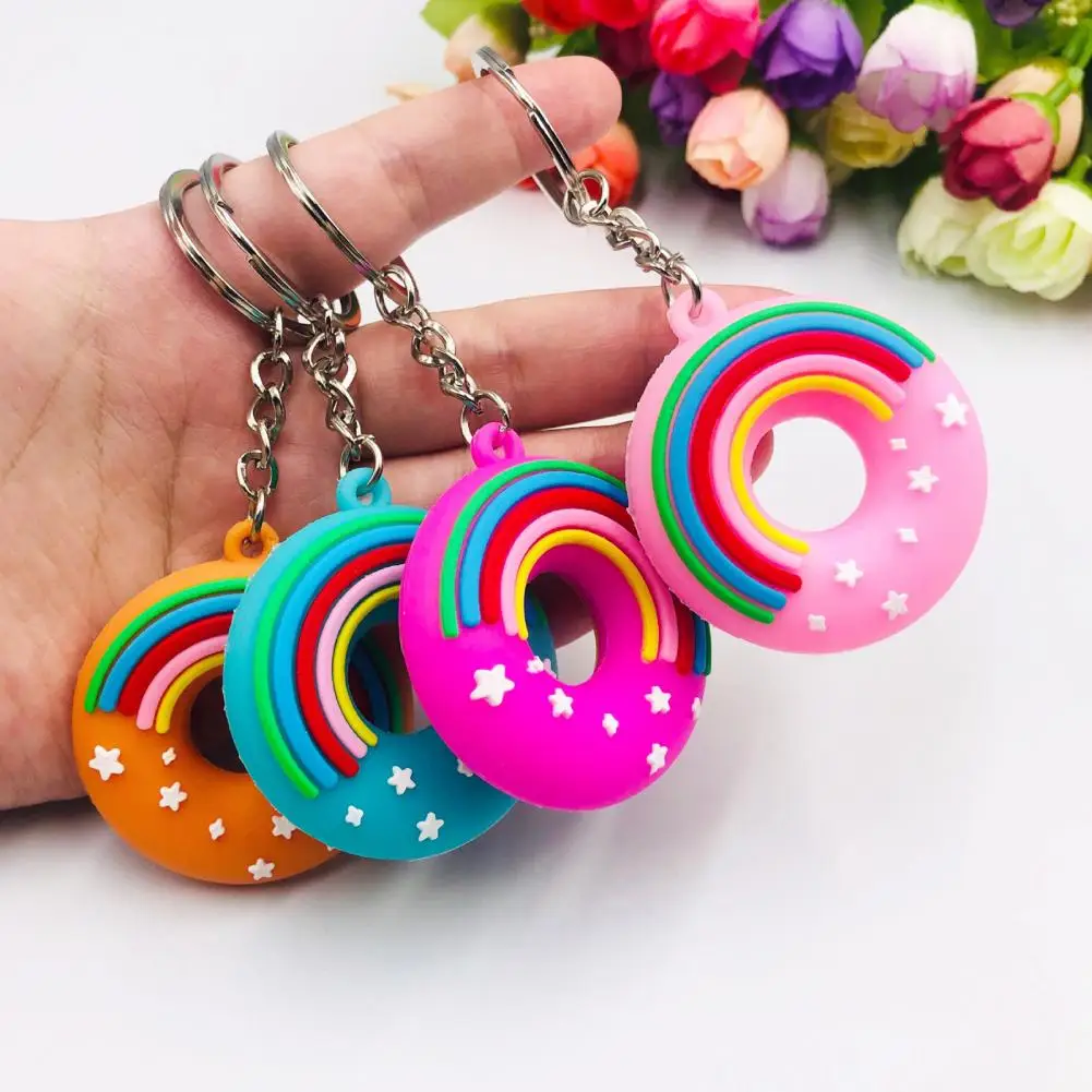 Key Ring Cartoon Design Donut Shape Rainbow Decor Hanging Unfading Perfect Gift Vivid Color Children Schoolbag Backpack Key Chai