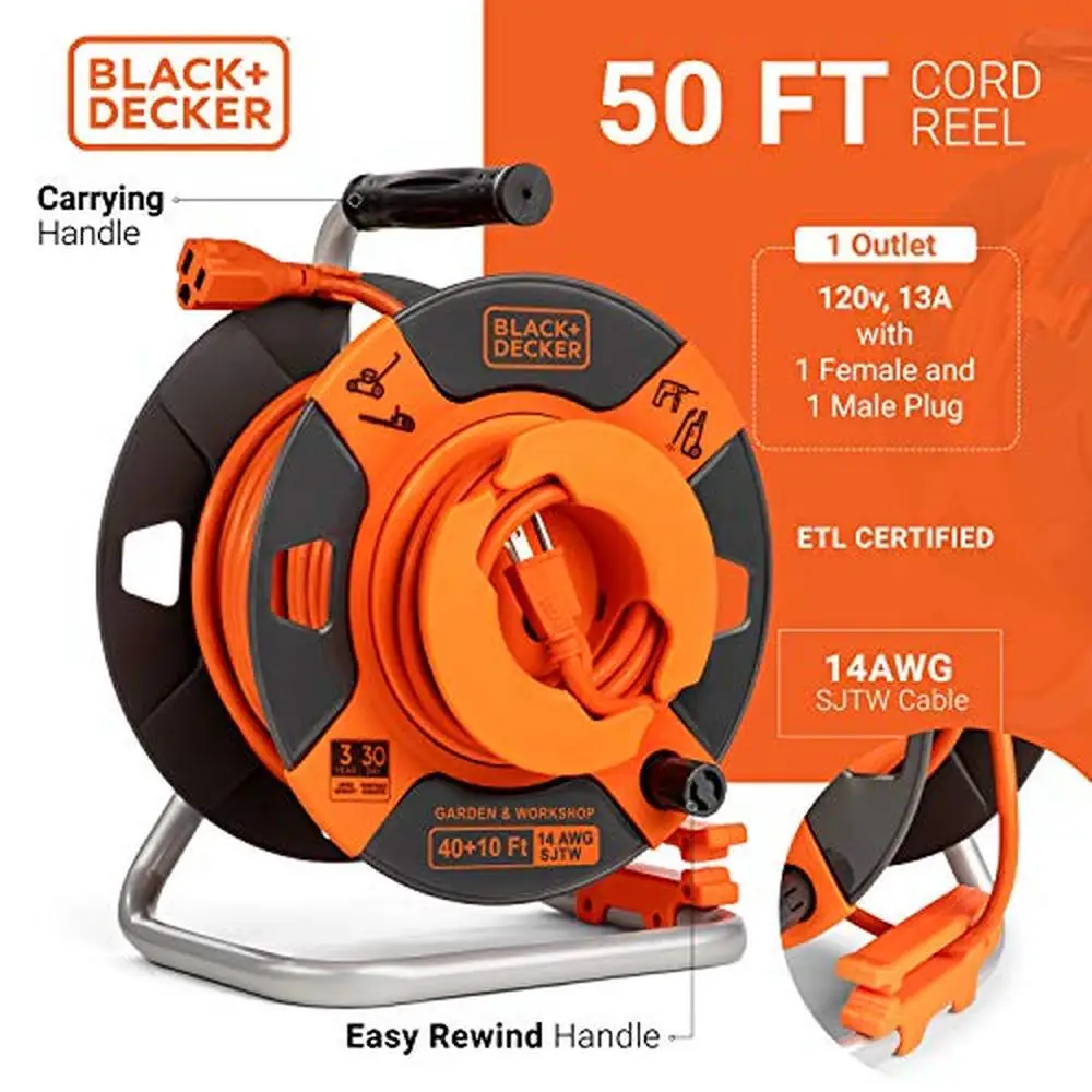 50ft 14AWG SJTW Electric Tools Outdoor Power Cord Reel w/ Retractable Extension ETL Certified Tangle-Free Cord Management