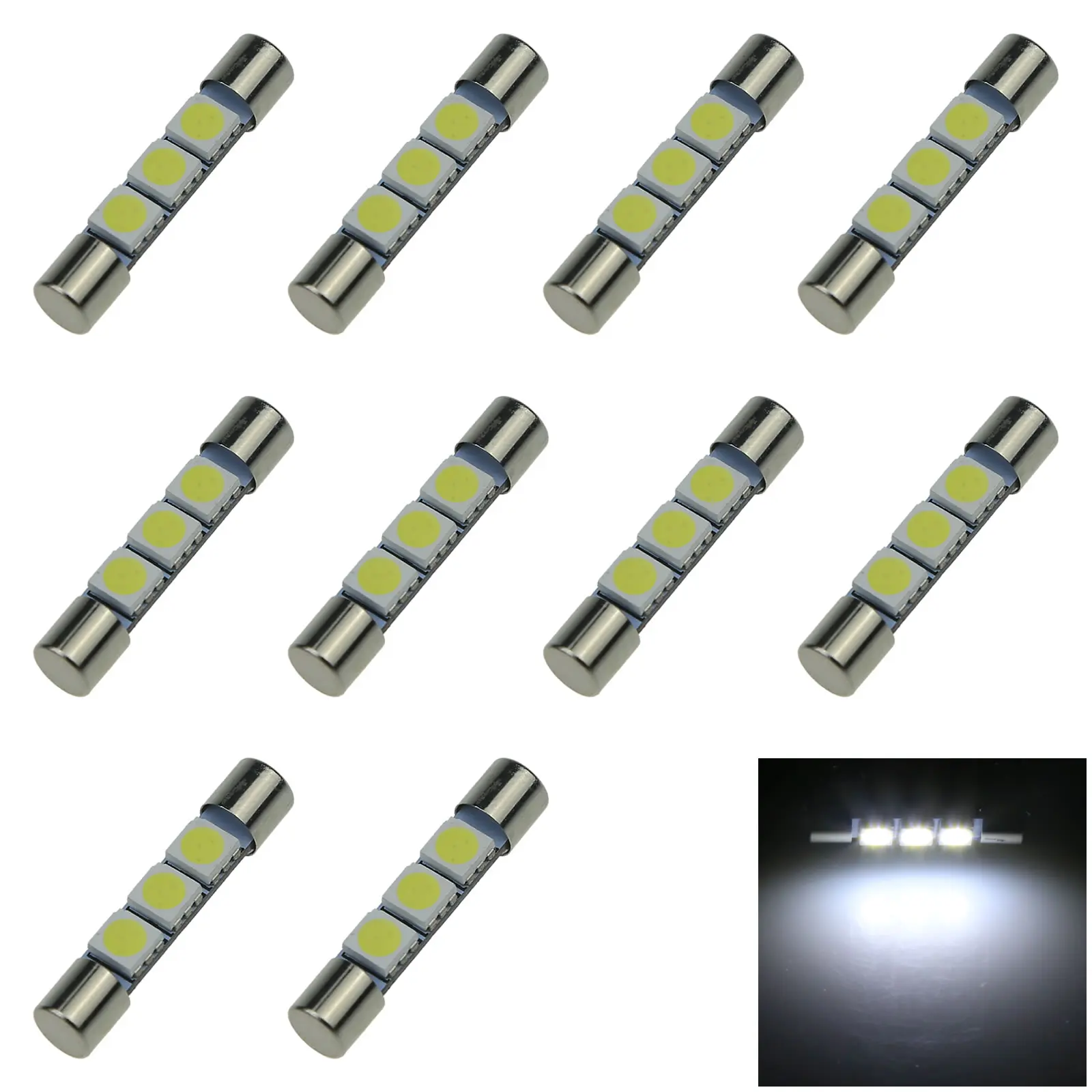 10x White RV T6.3 Fuse Blub Mirror Lamp 29MM 3 Emitters 5050 SMD LED 6614 F30-WHP I401-W