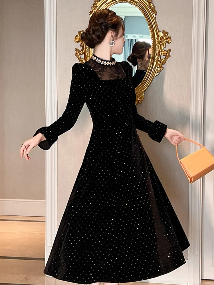 Dames Vintage Elegante Banketjurken Frans Zwart Kant Splice Heldere Steentjes Swing Gewaad Vrouwelijke Feest Prom Vestidos Dame