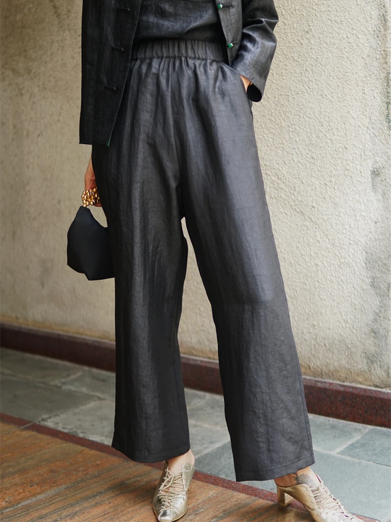 

High Waist Straight Leg Silk Cra Pattern Xiangyun a Wide Leg Pants Women's Nine Point Long Trousers Versatile H3055