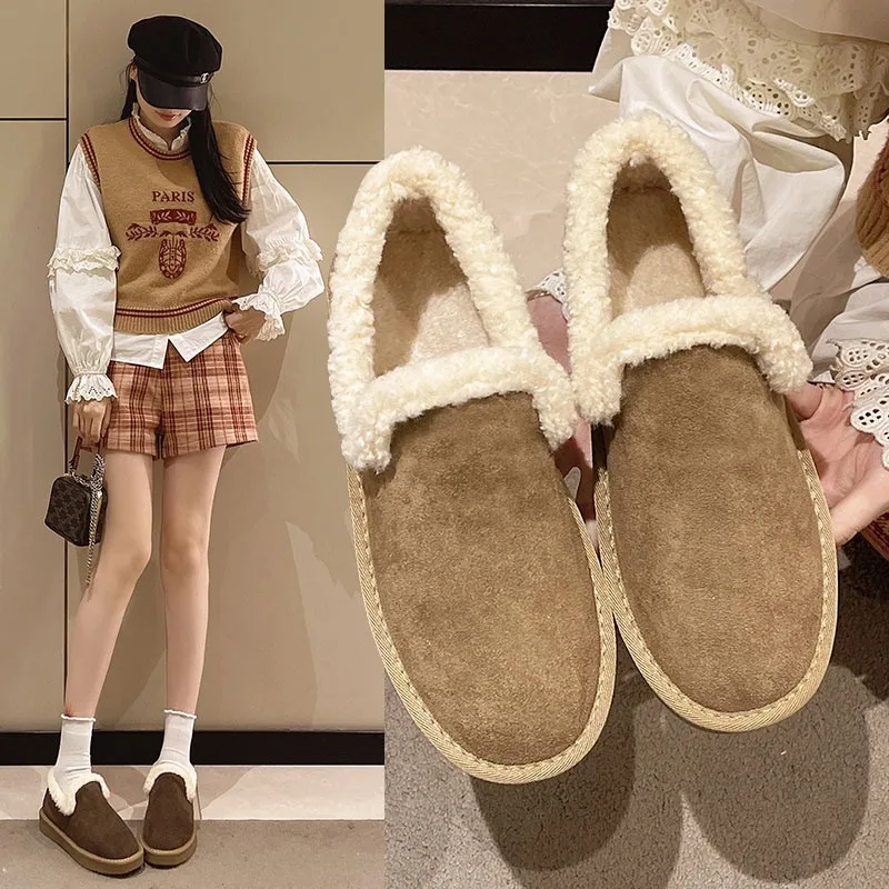 

Flats Women Casual Cotton Shoes Winter Short Plush Warm Solid Loafers Shoes 2024 New Walking Snow Boots Femme Slip on Mocasines