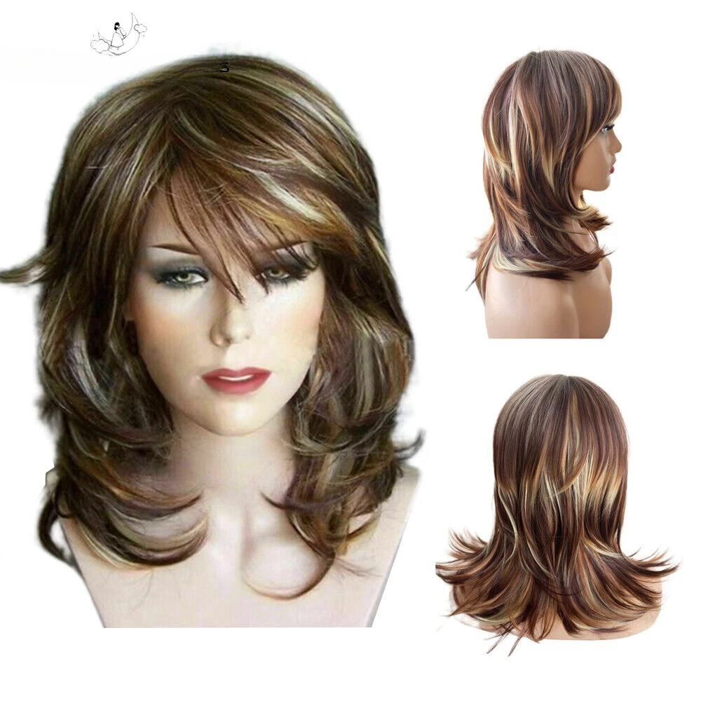 

Brown Curly for Women Girl Synthetic with Inclined Bangs Natural Wig