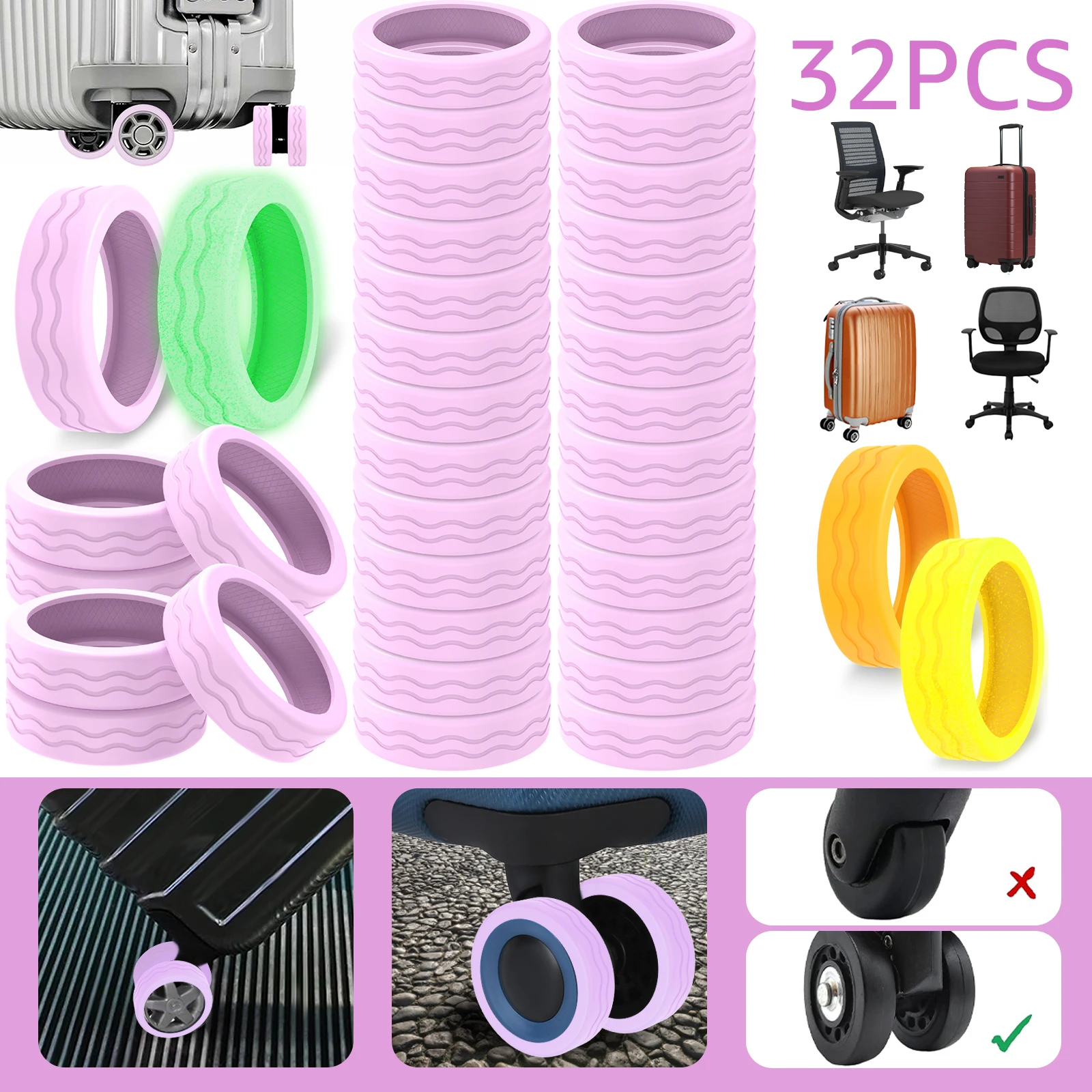 32Pcs Luggage Wheels Cover Luminous Suitcase Wheels Cover Silicone Luggage Wheel Protector Anti Scratch Luggage Caster Cover