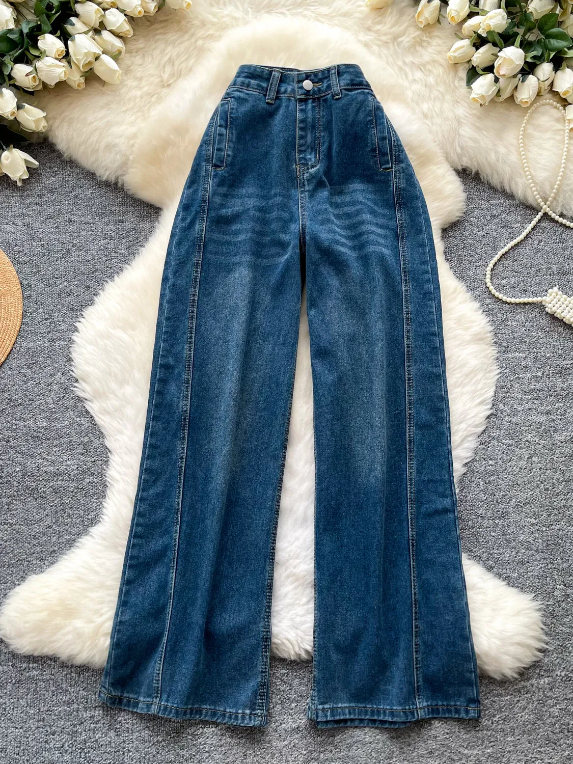 

Women's American Retro High Waist Denim Wide Leg Pants All-Season Wear Loose Casual Slimming Hip-Hiding All-Match Trousers Women