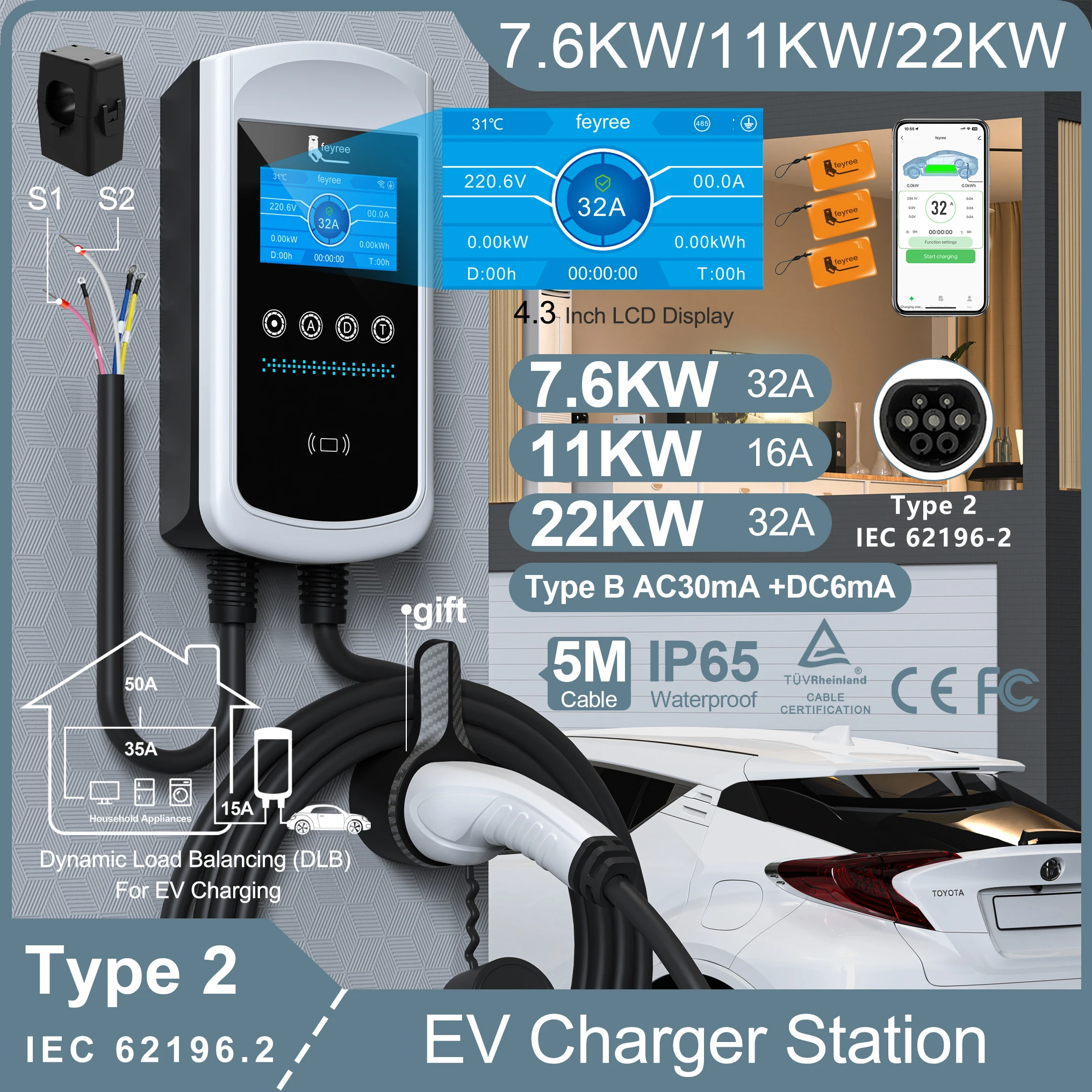 feyree Dynamic Load Blancing  EV Charging Station 32A 7KW TS-NACS Charger Plug Car Charger EVSE Wallbox 9.6KW 12KW APP Control