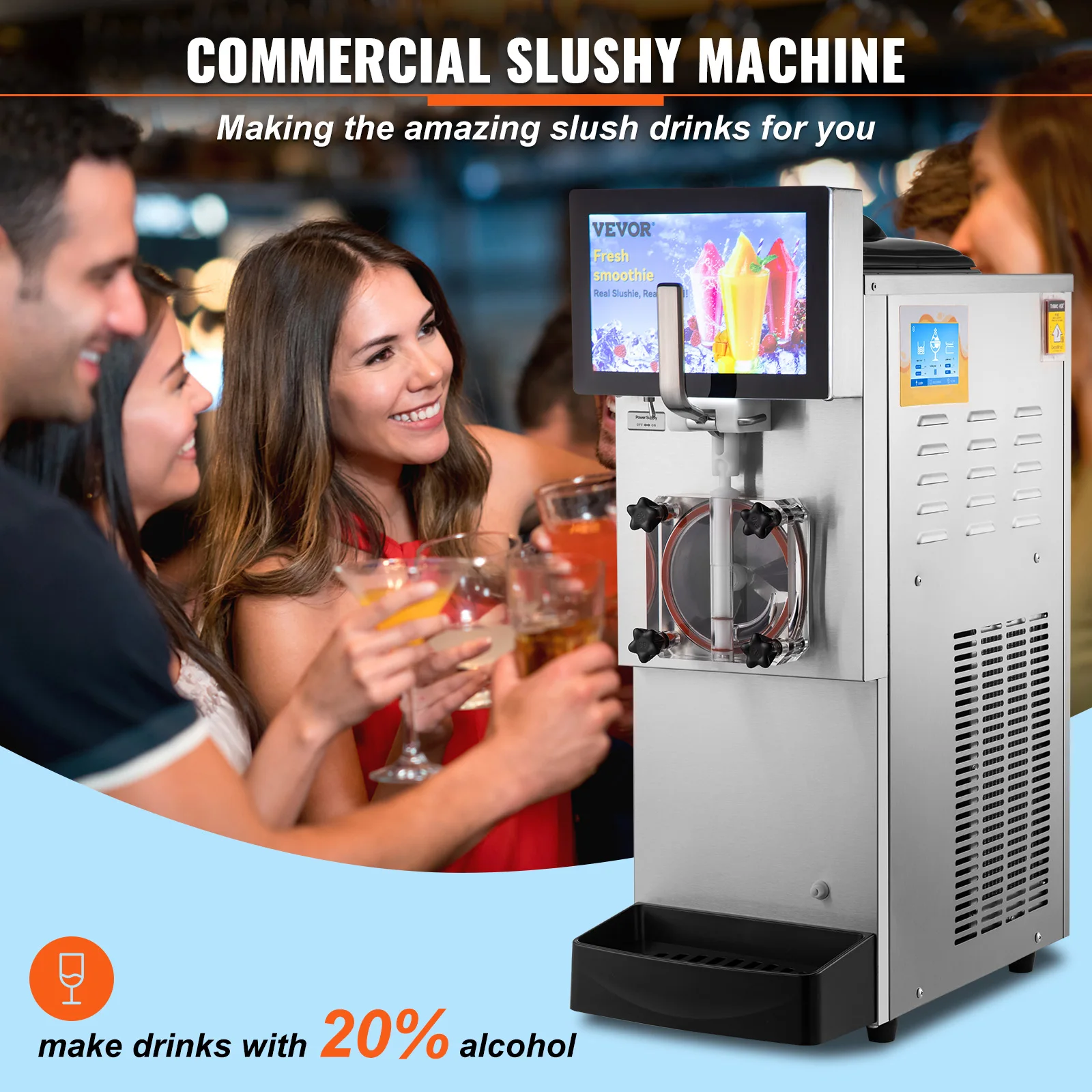 VEVOR Commercial Slushy Machine, 8L Single Bowl, Cool & Freeze Modes,1200W Stainless Steel Margarita Smoothie Frozen Drink Maker