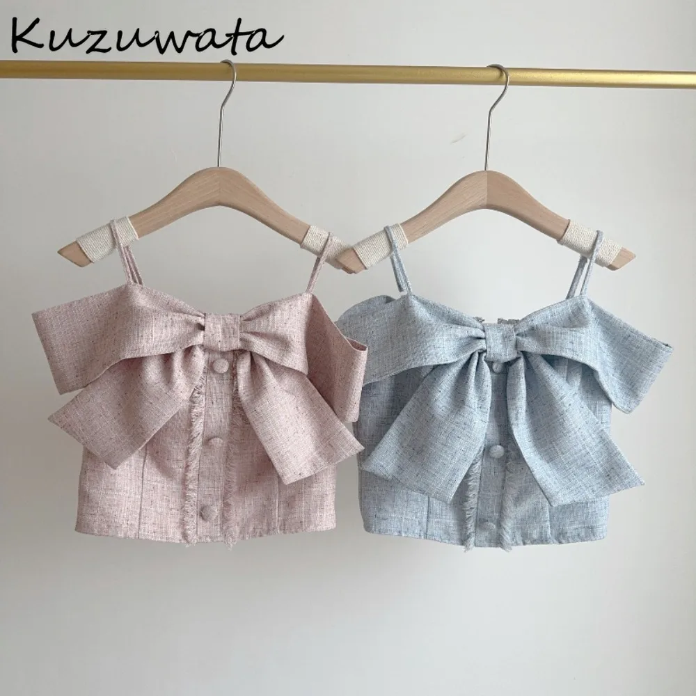 

Kuzuwata Short Sweet Fresh Princess Sling Tops Small Fragrance Spice Girls Sexy Bow Camis Japan Off Shoulder Slim Gentle Tanks