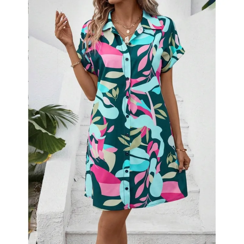 Boho Print Shirt Dresses For Women 2024 Summer Lapel Short Sleeve Single Breastes A-line Beach Party Dress Vacation Vestidos