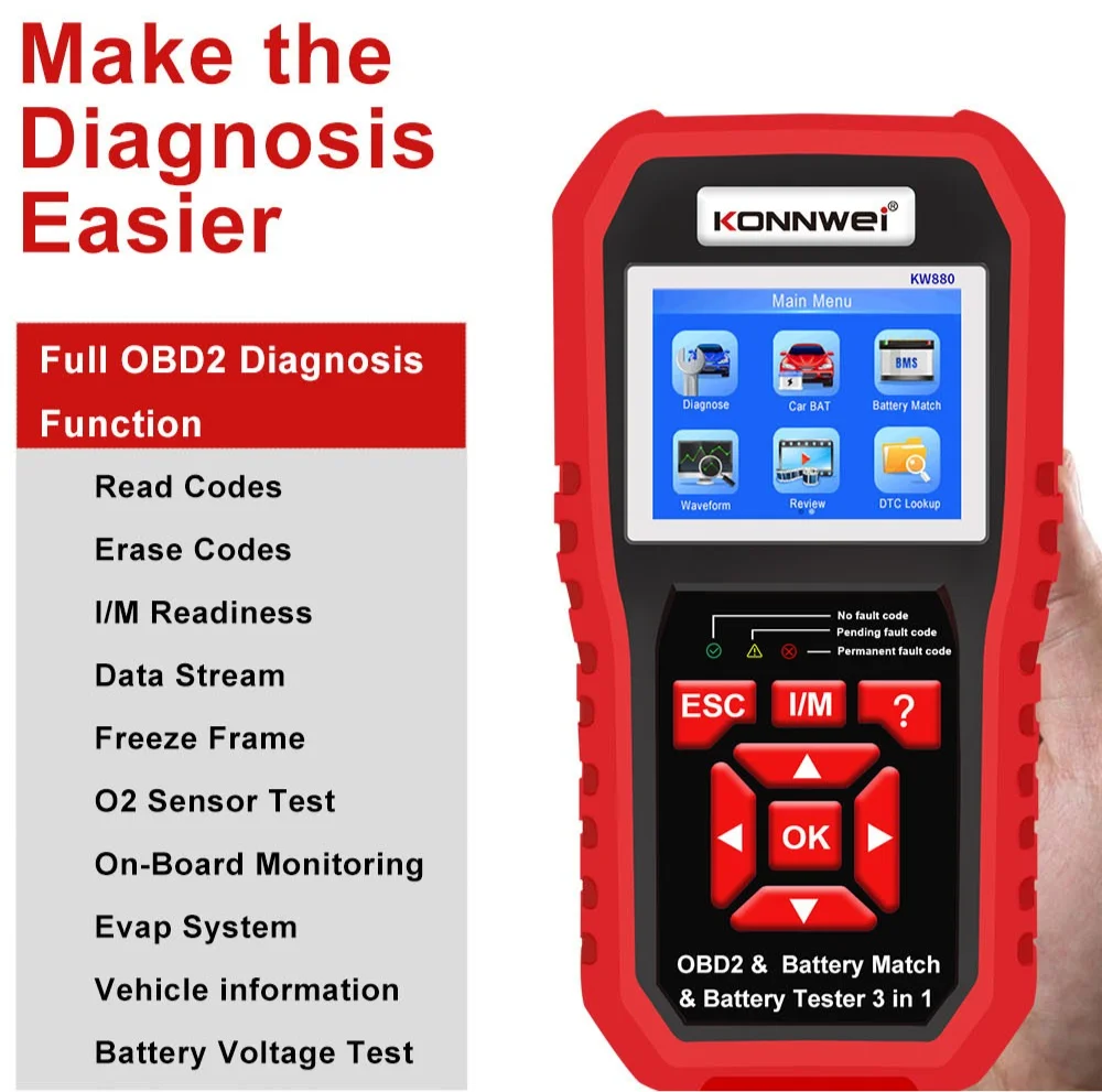 KONNWEI KW880 Auto Diagnostic Scanner Car Battery Tester Support Battery Matching