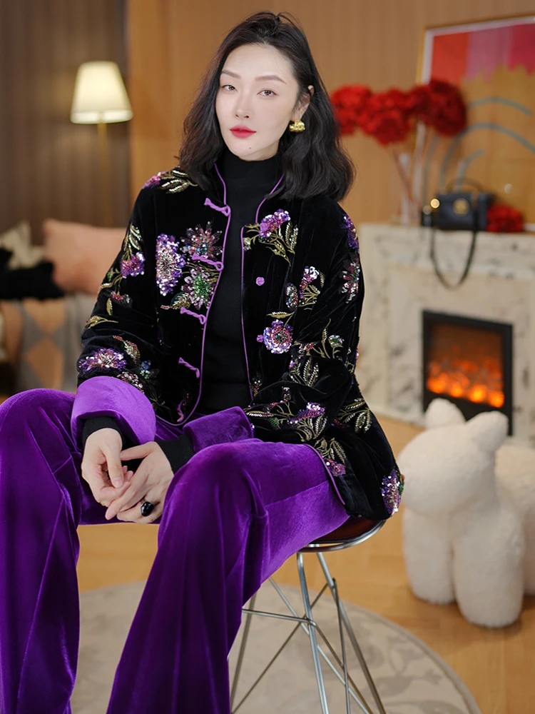 

Thickened New Chinese Style National Trend Hellebore Flower Bead Embroidery Snowy Cotton Warm Outerwear Dongfang Guiren
