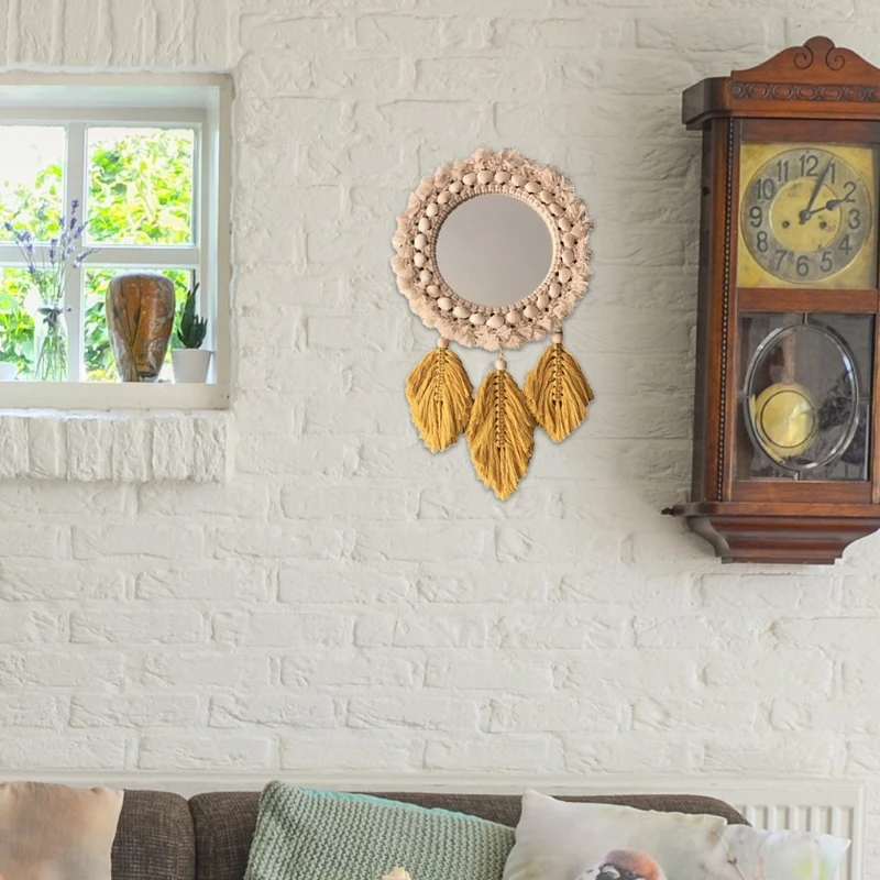 Nordic Woven Tassel Hanging Wall Mirror, Boho Feather, Folha Pingente, Macramé Decoração, GU116