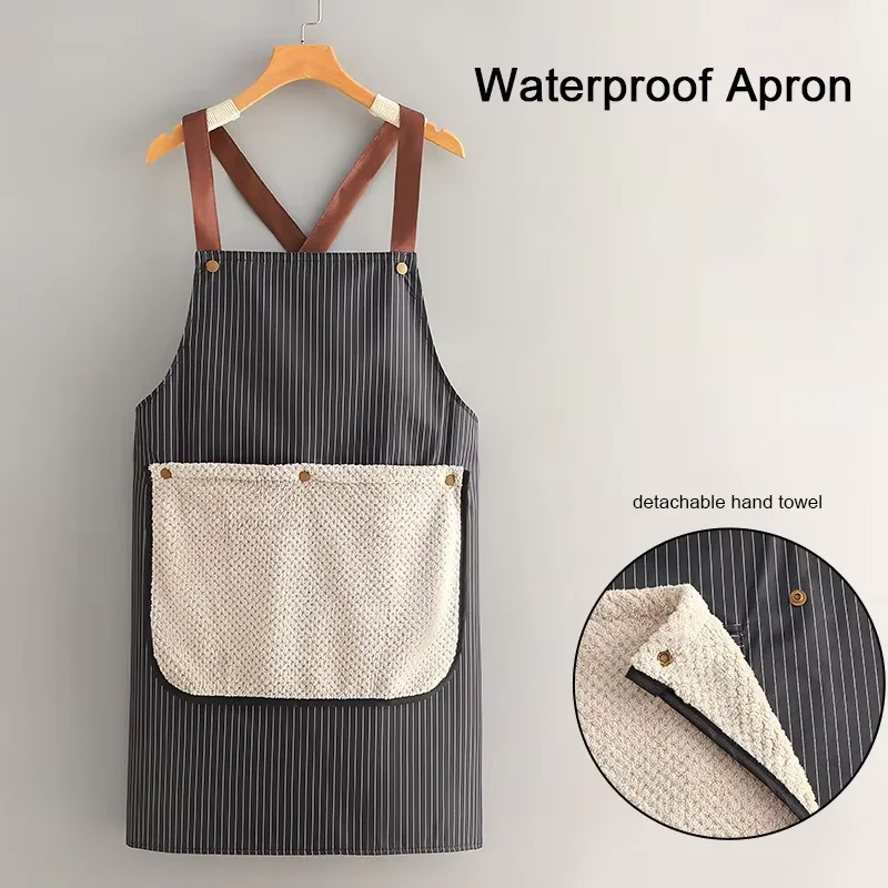 White Black Striped Kitchen Apron Anti-fouling Cooking Baking Bibs Restaurant Work Uniform with Removable Hand Towel Clean Apron