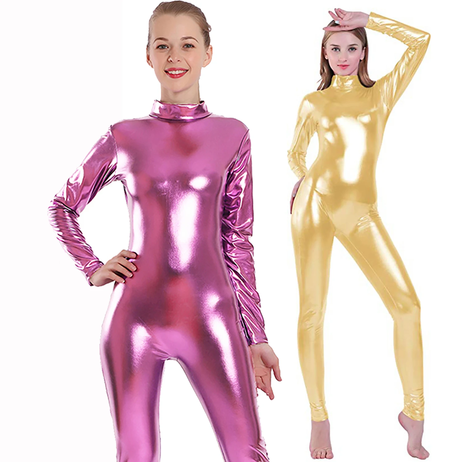 Aoylisey donna lucido metallizzato Unitard collo alto manica lunga senza piede Cosplay Zentai vestito adulto Hollween Catsuit abbigliamento da ballo