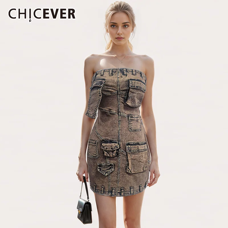 

CHICEVER Streetwear Vintage Denim Dresses For Women Strapless Sleeveless High Waist Spliced Pockets Casual Slimming Dress Female