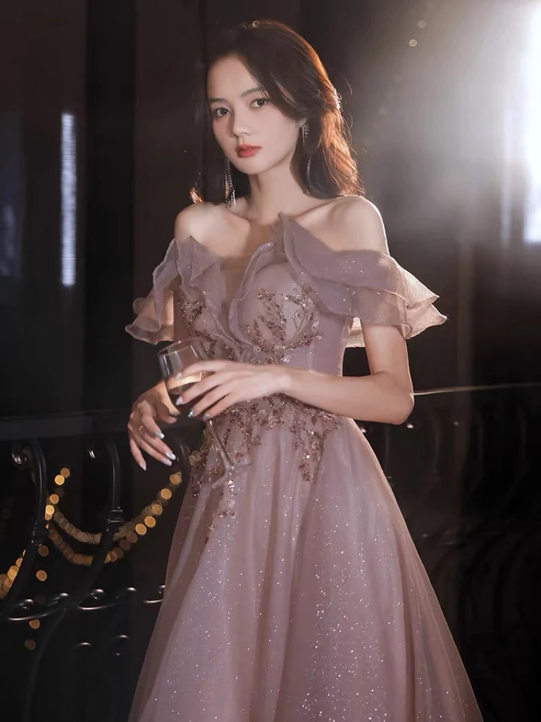 

Elegant Purple Prom Dresses Shiny Sequin Boat Neck Off Shoulder A Line Tulle Bead Lace Formal Evening Bridesmaid Gowns 2022