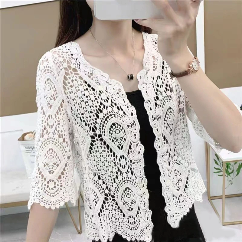 Women Knitted Lace Shrug Boho Hollow Crochet Floral 3/4 Sleeves Open Front Cropped Cardigan Elegant Mesh Sweater Coveup