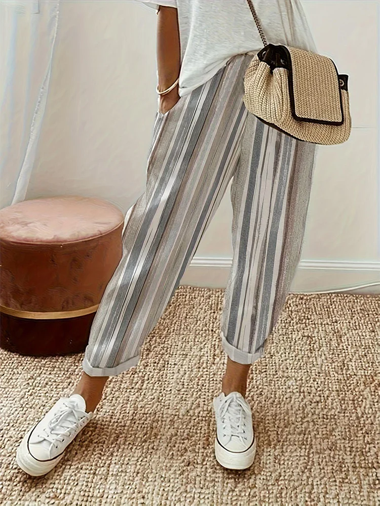 2024 Summer Solid Color Printed Stripe Pants Wide Leg Pants Pocket Elastic Slim Fit Commuter Style Women's Pants