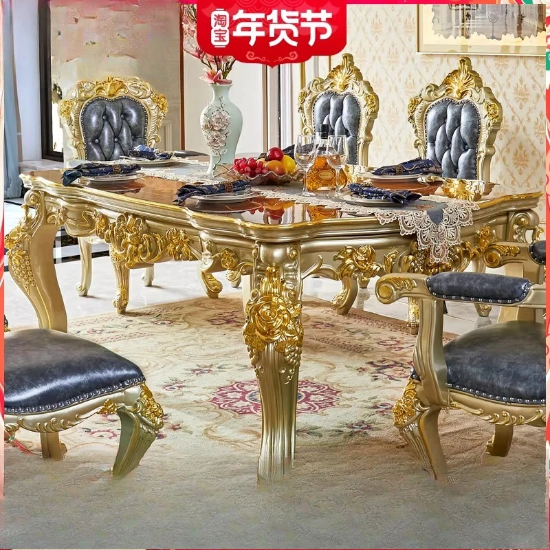 European dining table, American villa solid wood carving flower square table golden long table dining room furniture square dini