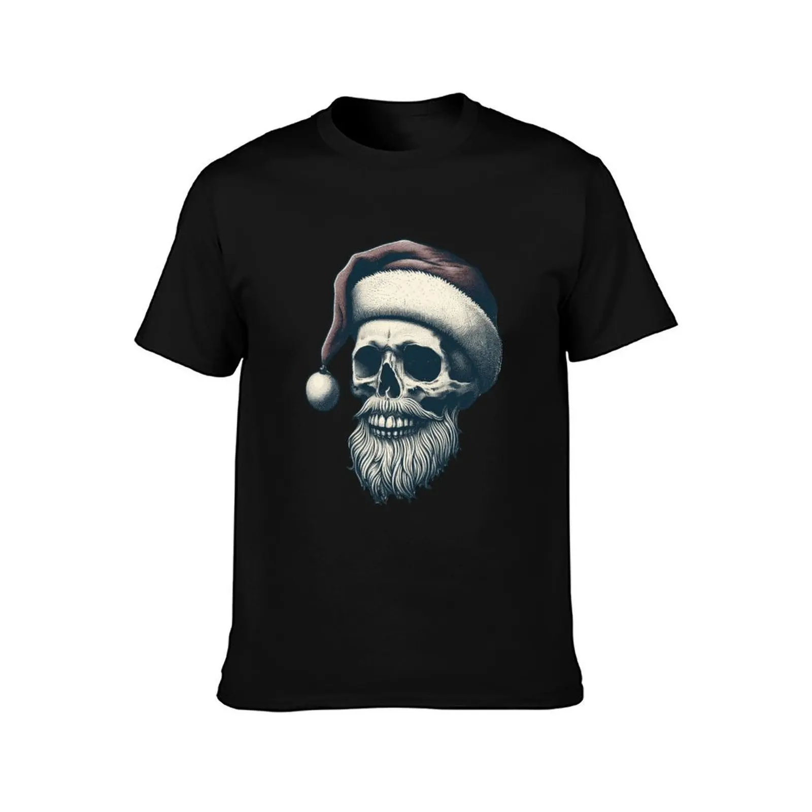 Retro Holiday Revival: Vintage Skull with Santa Hat T-Shirt Large Size Casual Short Sleeve Top T-Shirt