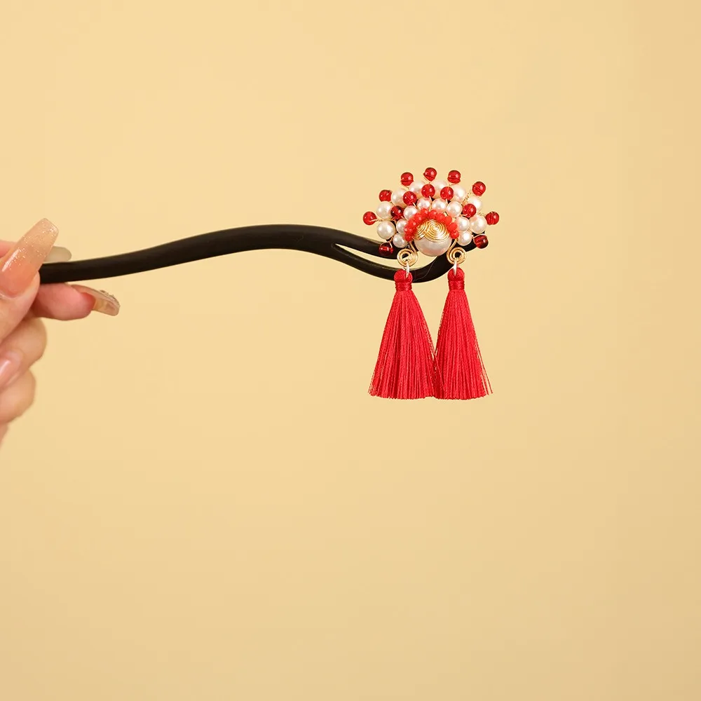 

Classical Tassel New Chinese Style Hair Clip Red Flower Wooden Hair Stick Retro Antique Hanfu Hairpin for Women