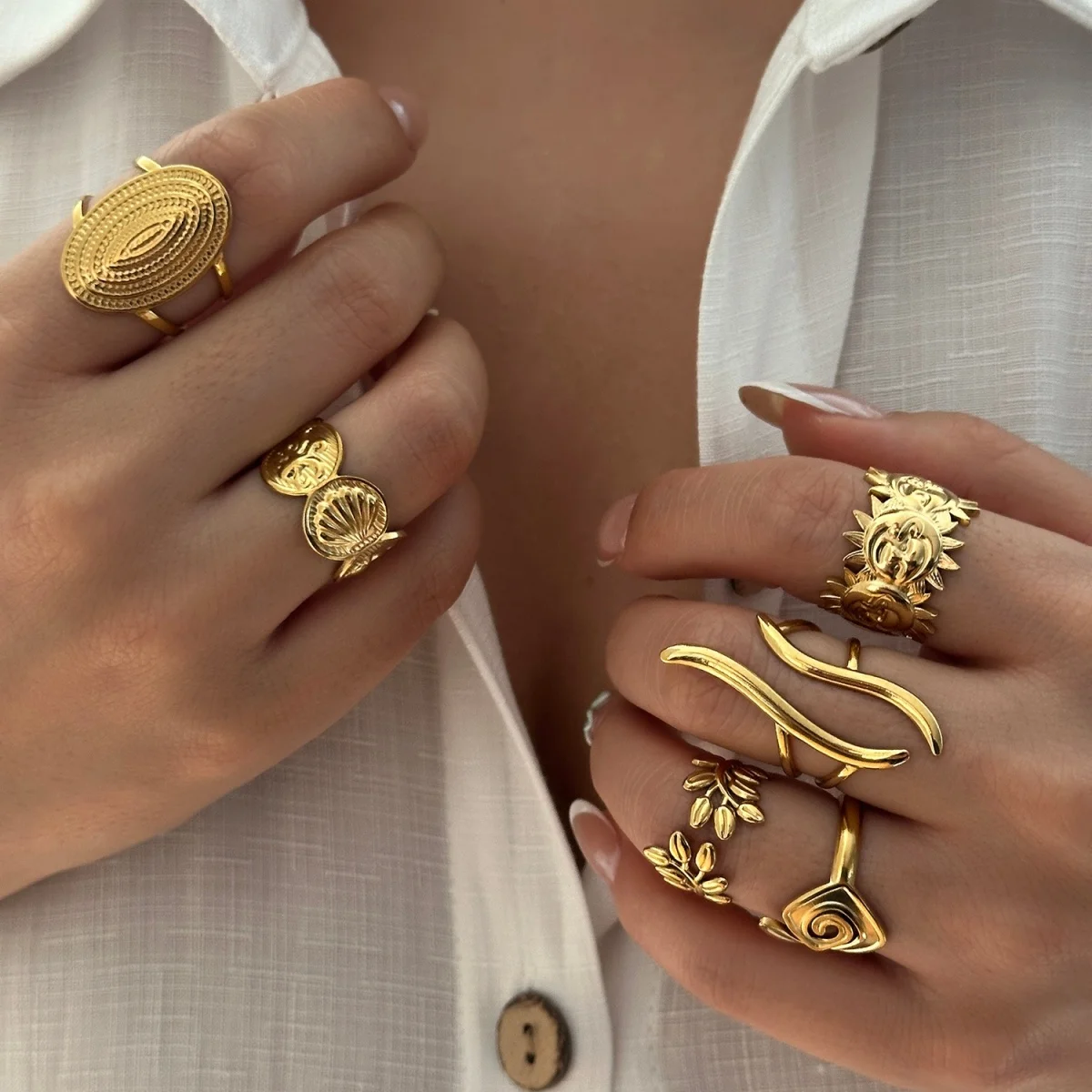 Vintage Edelstahl-Ringe mit Sonnenblumen- und Blattmuster für Damen und Herren, Punk-Mode, geometrischer Spiral-Oval-Fingerring, Schmuck – Detail 16