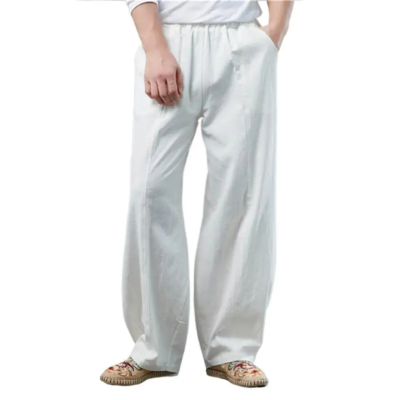 Summer Mens Cotton Linen Wide Leg Trousers Breathable Soft Solid Color Casual Long Pants plus Size M-8XL