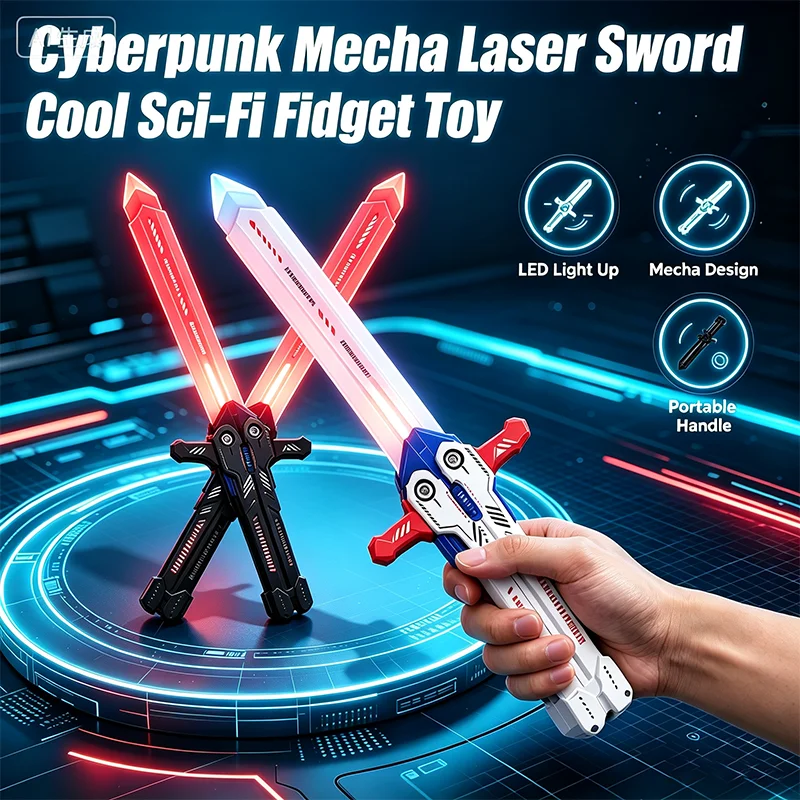 Cyberpunk Mecha Laser Sword Toy LED Light Up Sci-Fi Fidget Sword Portable Handle Glowing Cosplay Prop Party Gift Luminous Toy