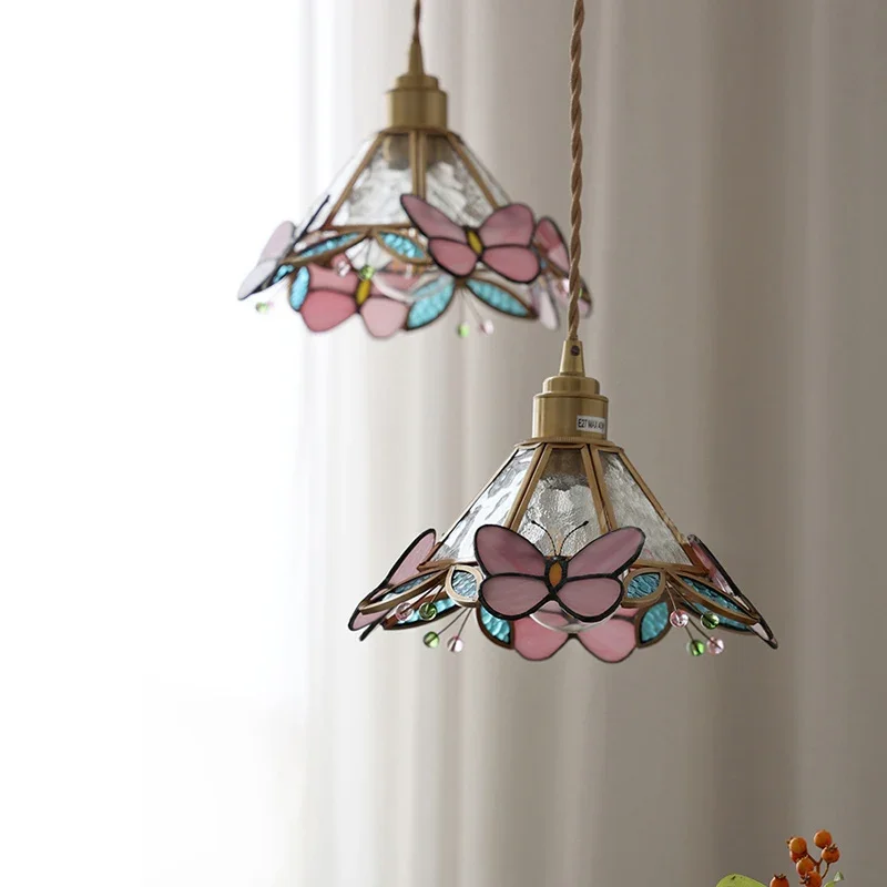 Butterfly Glass Copper Modern LED Pendant Lamp Beside Indoor Decor Bedroom Bar Restaurant Living Room Light Hanging ChandelierW2