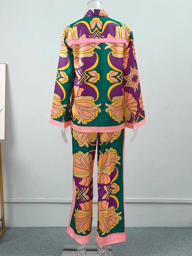 Vintage Loose Sleepwear for Women Print Pajama Set Casual 2 Piece Long Sleeve Top Elastic Waist Trouser Suits Home Clothes 2024