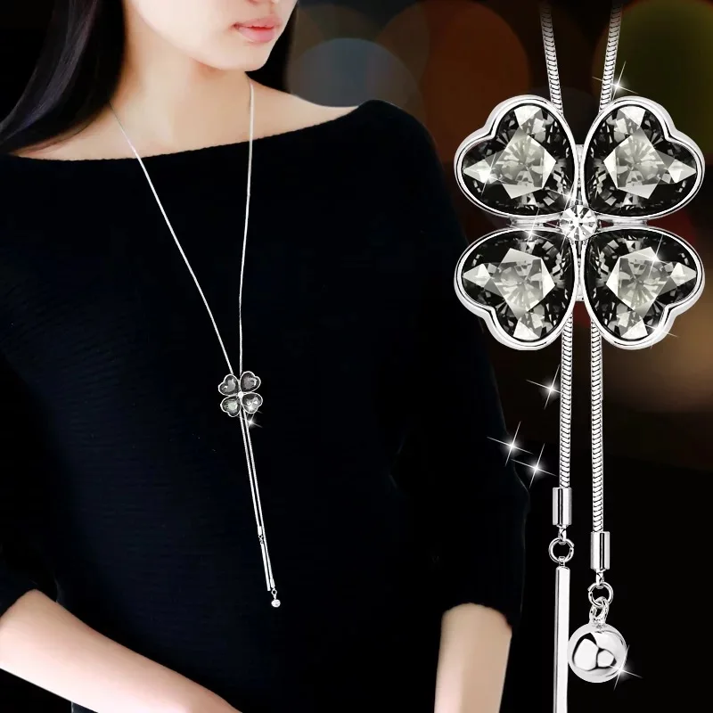 Four leaves Gray Blue Crystal Pendant Long Necklace Gold&Silver Color Women Lady Sweater Chain Jewelry Bijoux Gifts